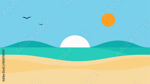 Illustration of a beach landscape with birds and sun on transparent background