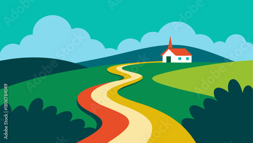 Illustration of a church on a hill with winding path on transparent background
