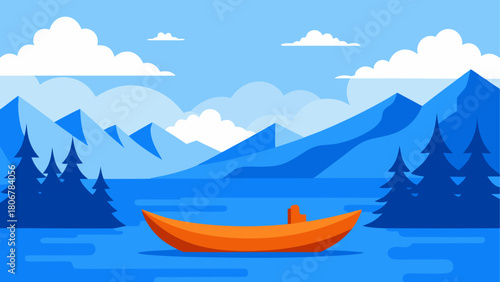 Orange boat on a lake with mountains in the back on transparent background