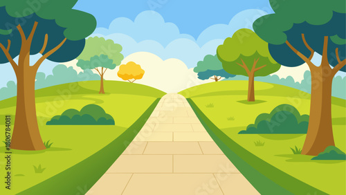 Cartoon park scene with path trees and green hills on transparent background