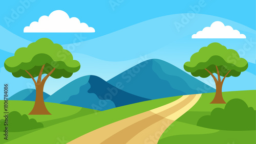 Cartoon landscape with trees mountains and clouds on transparent background