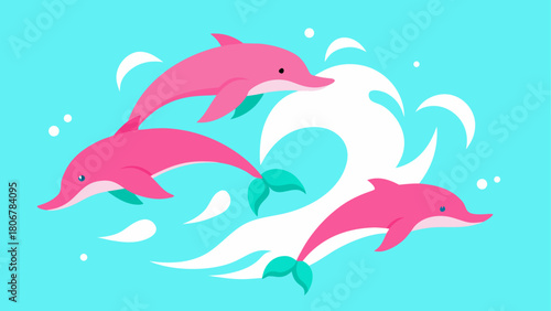 Three pink dolphins swimming in a blue ocean wave on transparent background