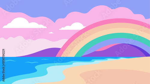 Pastel beach scene with rainbow and fluffy clouds on transparent background