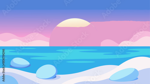 Pastel landscape with sea and rocks at sunset time on transparent background