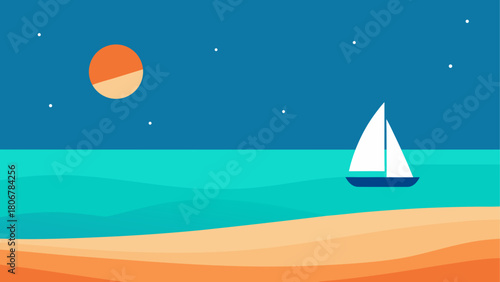 Sailboat sailing on the sea at night illustration on transparent background