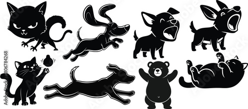 Collection of Black Silhouettes of Playful Animals and Pets kitten puppy