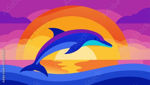 Dolphin jumping at sunset with colorful background on transparent background