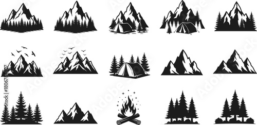 Mountain and forest camping silhouette collection featuring outdoor nature landscapes, tents, campfire, pine trees and wilderness adventure illustration elements
