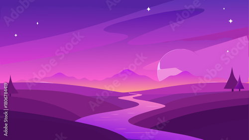Purple landscape with river mountains and starry sky on transparent background