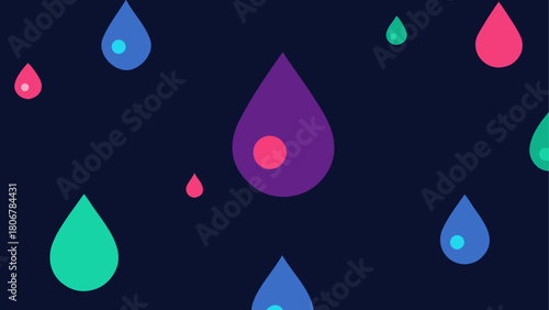 Floating colorful water drops on a dark background on transparent background