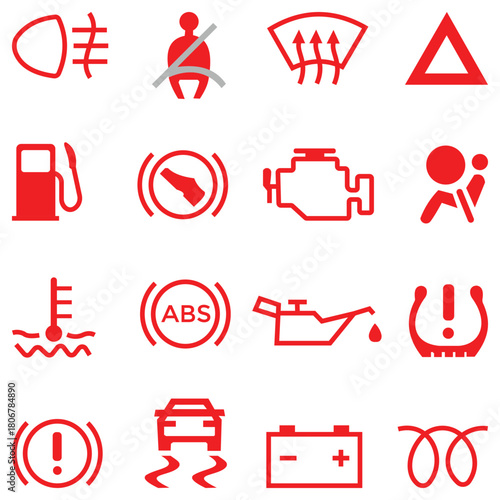 Unified Car Dashboard & Auto Interior Indicator Icons Set – Vehicle Warning, Engine Oil, Control Panel Symbols (Vector)