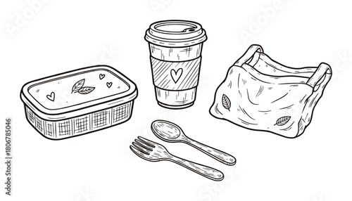 Eco Friendly Takeaway Set Doodle Style Vector Illustration, Lunch Boxes, Coffee Cup & Cutlery Illustration, Sketch doodle style ink illustration