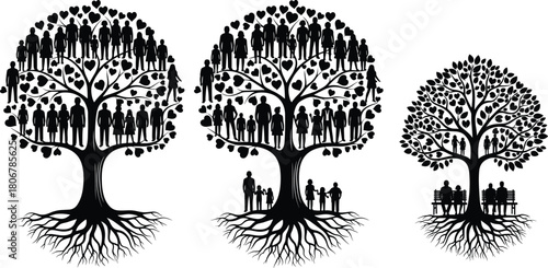 Family tree silhouette illustration showing generations, ancestry roots, connected people figures, genealogical heritage design for genealogy projects and lineage artwork