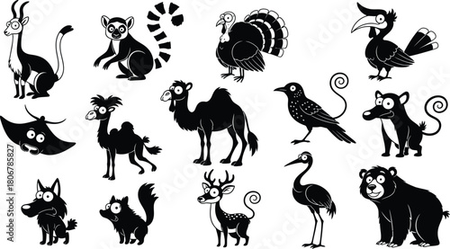 Collection of Diverse Cartoon Animal Silhouettes in Black and White illustration