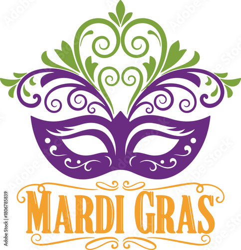 Vibrant mardi gras mask and text with festive purple and green