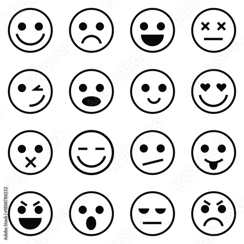 Expressive Emoticons & Minimalist Emoji Icons Set – Linear Outline Faces Showing Smiley, Sad, Angry, Surprised, Crying, Heart Eyes, Wink, and Confused Expressions