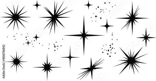 Collection of abstract black stars shining brightly overhead