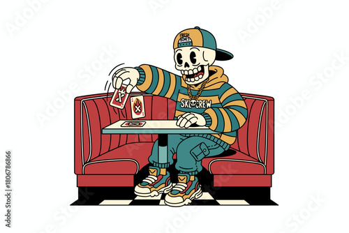 Skeleton character playing cards in a diner booth.