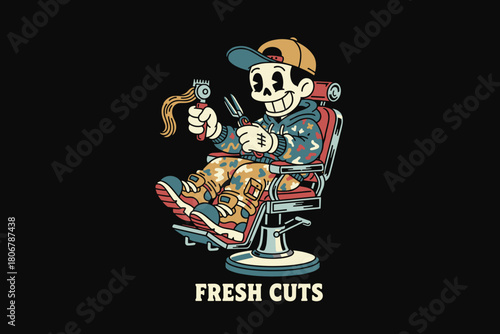Skeleton Barber Giving a Haircut in a Barber Chair.