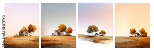 Autumn village landscape with sunset sky and fall trees along country road. Peaceful scenery with orange leaves, rolling hills and nature backdrop for seasonal poster or postcard design.