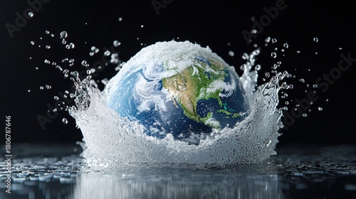 Hyperrealistic Melting Globe with Water Splash and Ice Elements