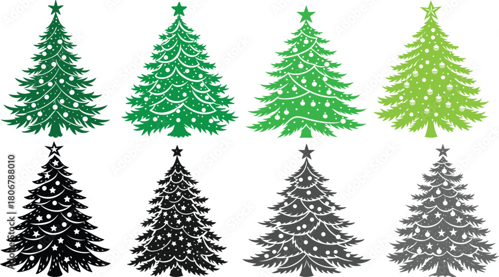 Obraz premium A set of green vector Christmas trees and pine firs for winter holiday decoration and celebration design in a snowy forest landscape