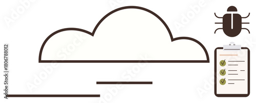 Cloud outline, bug icon, checklist with ticks represent software debugging, cloud solutions, task tracking. Ideal for IT processes, debugging workflow, productivity, software management system