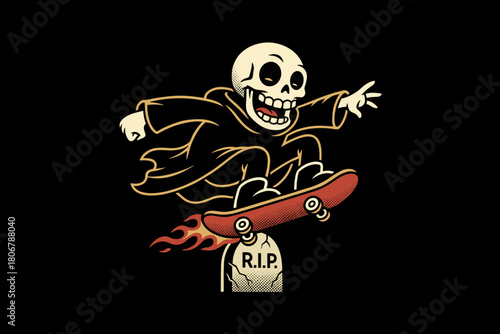 Grim Reaper Skeleton Riding a Skateboard with Flames.