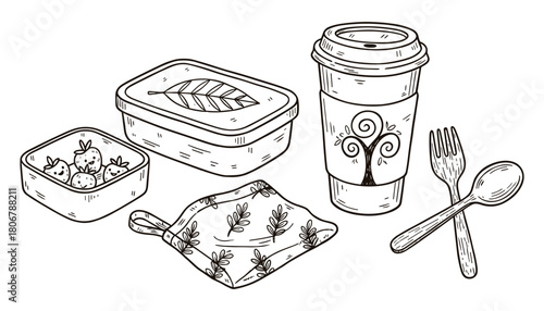 Eco Friendly Takeaway Set Doodle Style Vector Illustration, Lunch Boxes, Coffee Cup & Cutlery Illustration, Sketch doodle style ink illustration
