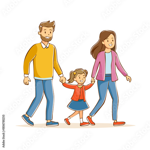 Joyful family of three walking together holding hands and smiling happily