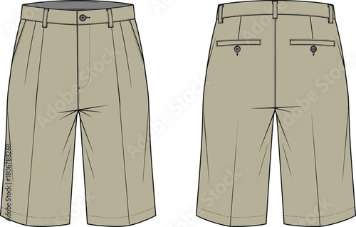 Beige men’s chino shorts technical flat illustration with front and back views, detailed garment sketch for fashion design and apparel template