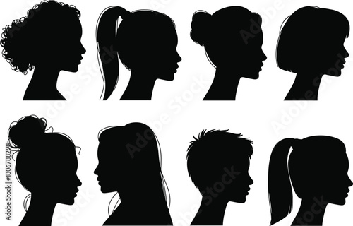 Woman head profile silhouette vector set, female face side view with various hairstyles like ponytail and bun, beauty logo collection
