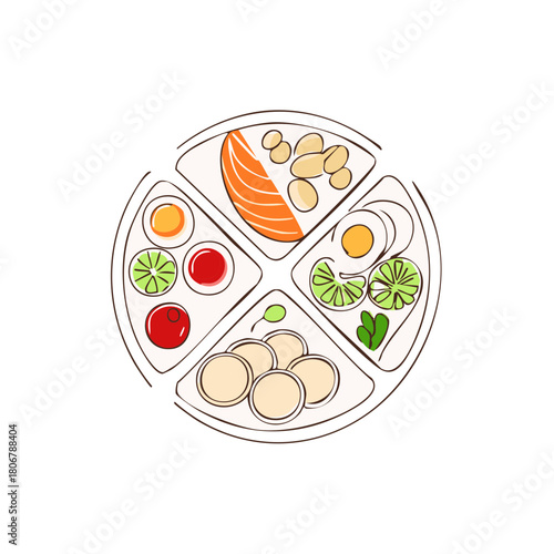 Abstract illustration of a colorful platter with different food items and a clean, modern design.