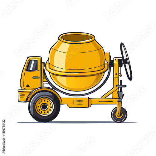 Illustration of a yellow concrete mixer truck on a construction site.