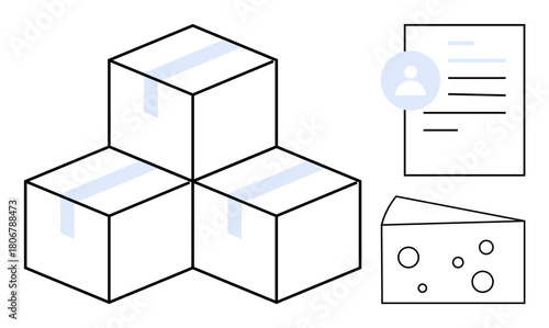 Three stacked boxes with taped tops, a profile document, and a slice of cheese with holes. Ideal for logistics, supply chain, packaging, shipping, inventory food delivery and e-commerce. Simple