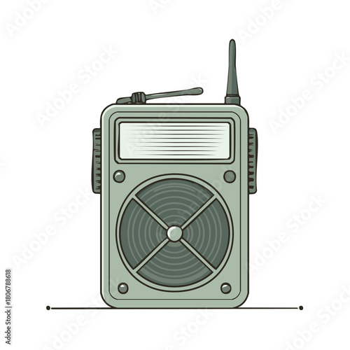Cartoonish Portable Radio Receiver Illustration with Antenna, Knobs, and Speaker Grill, Retro Style, Green