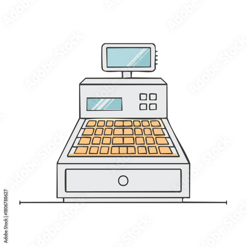 Hand Drawn Retro Cash Register Illustration for Retail and Business Concepts