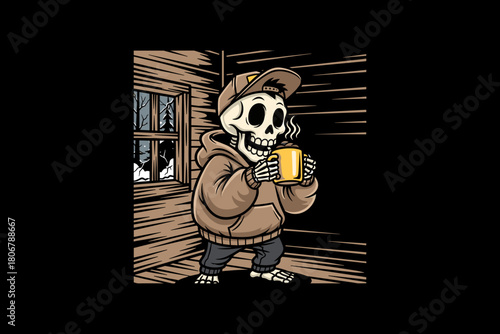 Skeleton character holding a warm mug of coffee outside a wooden