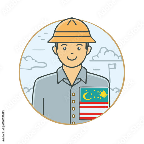 Person Wearing Pith Helmet with National Flag on Pocket in Circle