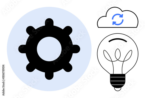 Gear for process, light bulb for creativity, and cloud with sync arrow for innovation. Ideal for technology, teamwork, problem solving, innovation, process ideas and digital transformation. Simple