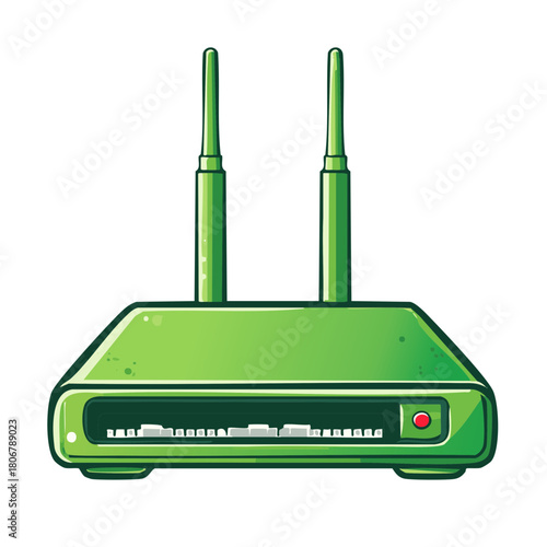 Green wireless internet router with two antennas and indicator light