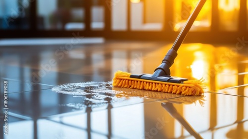 Freshly Polished Tile Floor Being Cleaned with Mop at Sunset