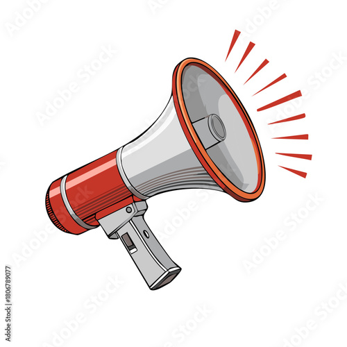 Loud Announcement, Red and Silver Megaphone with Sound Waves Illustration for Promotions or Important Alerts