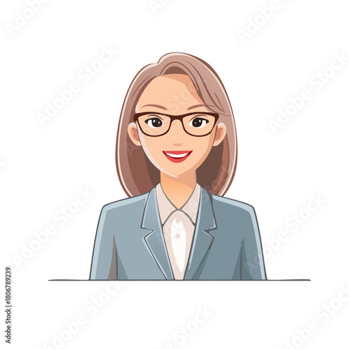 Smiling Businesswoman with Glasses Wearing a Blue Blazer and White Blouse