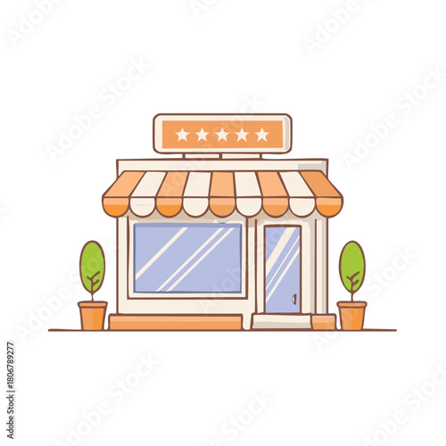 Cartoon shop front illustration with orange striped awning and rating stars