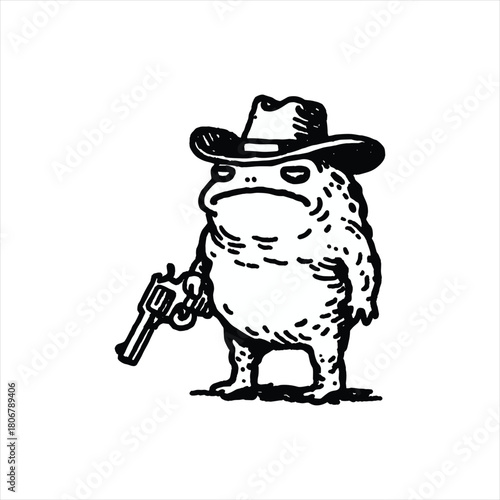 Grumpy frog cowboy ready for action with gun and hat, perfect mascot or logo element for your brand