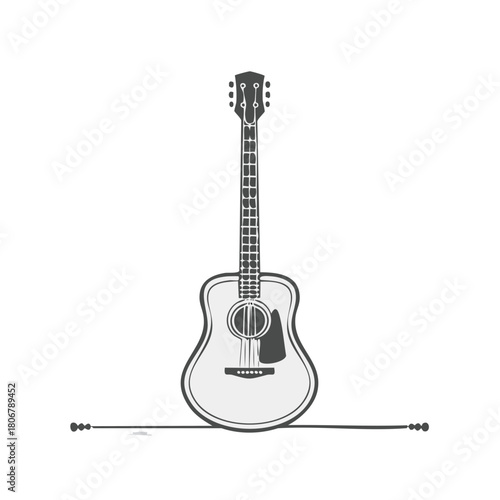 Minimalist illustration of an acoustic guitar with a simple line design and decorative dots