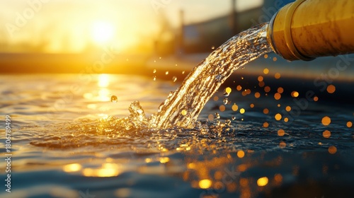 Water Stream Flowing into Metal Pipe at Sunset with Bokeh Effect