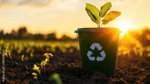 Eco-Friendly Concept with Recycling Bin and Seedling at Sunset View