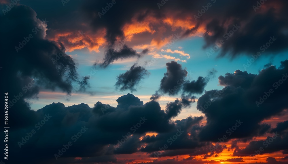 Naklejka premium Dramatic sunset sky with dark, billowing clouds contrasted against vibrant orange and blue hues.